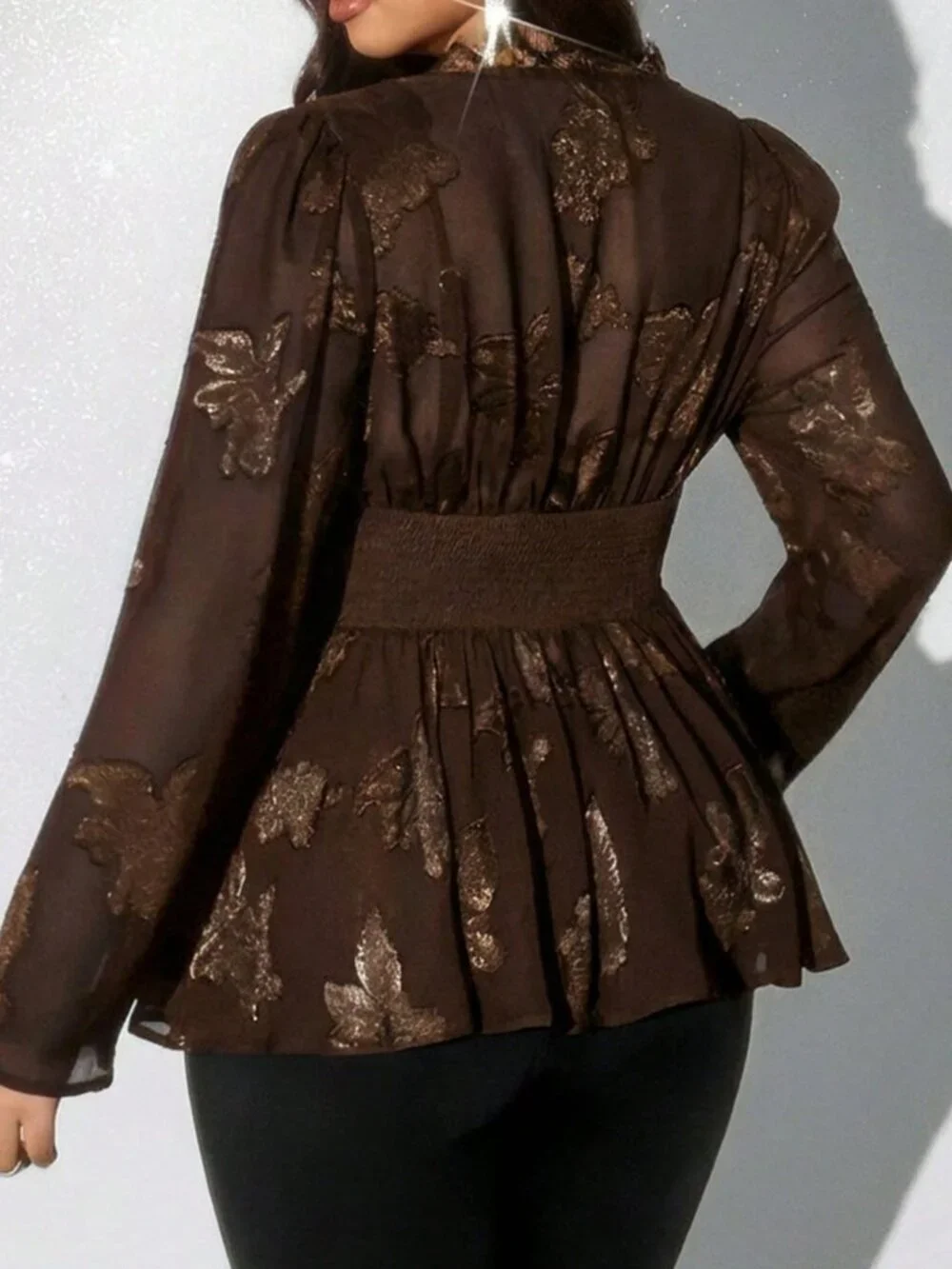 Brown Elegant Women's Plus Size Ruched V-Neck Long Sleeve Blouse